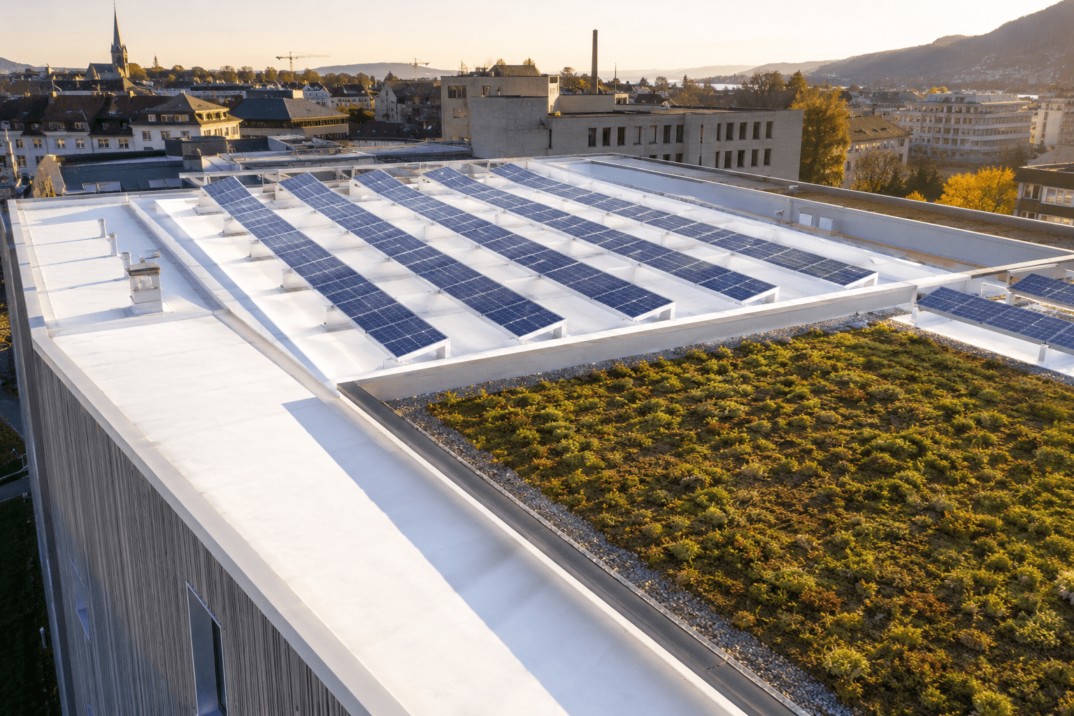 toiture moderne végétale PV et revêtement thermo réfléchissant